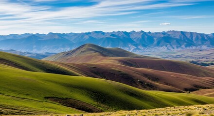 Scenic Rolling Hills Landscape with Mountain Range in the Background