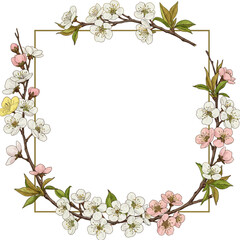 Fototapeta premium Elegant square frame adorned with blooming cherry blossoms and fresh green leaves for spring celebrations