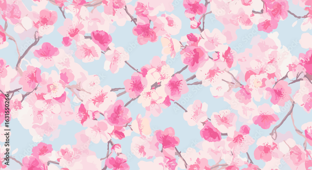 Poster seamless pattern of blooming cherry blossoms on a light blue background creating a serene spring aes