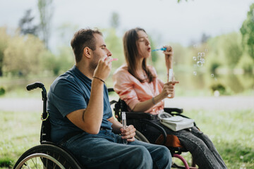 A cheerful scene of two friends in wheelchairs sharing a joyful moment while blowing soap bubbles...