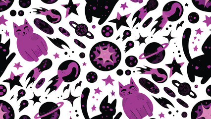 Obraz premium Illustration of cats planets stars and comets in a space themed pattern with a white background design
