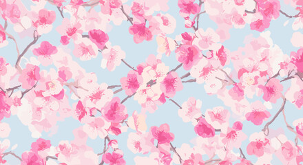 Seamless pattern of blooming cherry blossoms on a light blue background creating a serene spring aesthetic with delicate pink flowers and branches