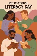 Naklejka premium International Literacy Day Poster: Graphic design celebrating International Literacy Day with four people of different ethnicities reading books, surrounded by pastel-colored abstract shapes and soft