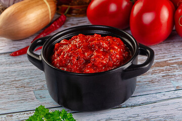 Bulgarian traditional lutenica pepper sauce