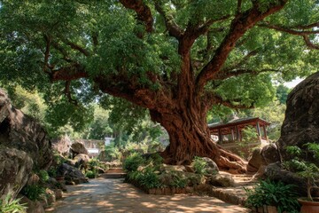 Majestic ancient tree sunlight nature trail scenic tranquility outdoor peaceful garden landscape beauty botanical lush