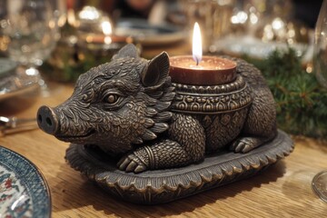 Fototapeta premium Wild Boar Candle Holder Art Hog Statue Decoration Rustic Country Chic Animal Theme Decor Home Accent Piece Bronze Finish