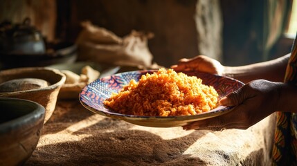 Warm Meal Served on a Colorful Plate in Rustic Kitchen Setting
