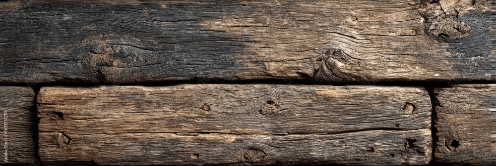 Poster weathered wooden planks lying flat, displaying intricate textures and tones under soft lighting in a