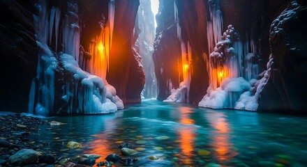 Mystical Ice Canyon with Flowing River and Ethereal Light Dramatic Landscape Photography