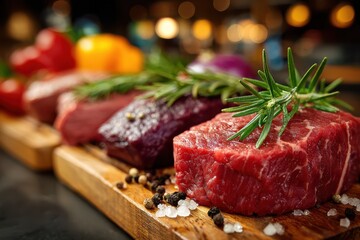Exquisite Gourmet Beef Steaks Selection Fresh Filet Mignon Sirloin and Ribeye Cuts with Rosemary Seasoning for Cooking
