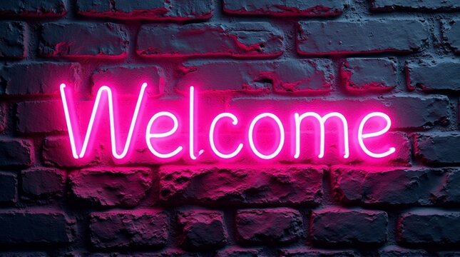 A pink neon sign saying welcome on a brick wall creating a vibrant and inviting atmosphere