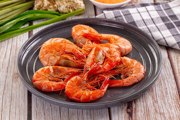 Delicous boiled tiger prawn with sauce