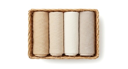 Wicker Basket with Rolled Bath Towels Isolated on White Background – Spa and Bathroom Decor.