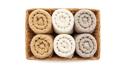 Rolled Towels in Wicker Basket on White – Clean, Cozy Bathroom Accessory.