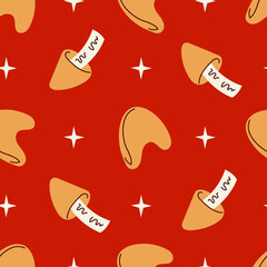 Fortune Cookies Seamless Pattern. Traditional Chinese Prediction with paper stripes and stars. Holiday Celebratory background in flat style. Repeat vector illustration