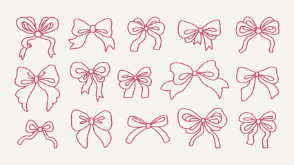 Curly Bows Set. Hand drawn outline Pink tied knots and ribbons. Coquette vintage decorative elements. Romantic Vector illustration