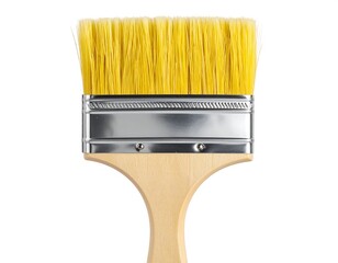 Close-up of a paintbrush with yellow bristles, a metallic ferrule, and a wooden handle, isolated on a white background