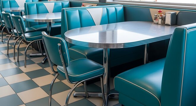 Retro Diner Booth Seating Arrangement with Checkerboard Floor and Shiny Table Surfaces Evoking Nostalgia and Classic American Charm