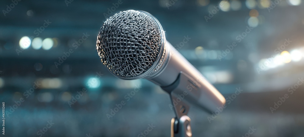 Poster the close-up of a microphone ready for an electrifying performance on stage.
