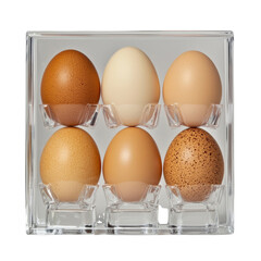 Colorful Fresh Eggs in Clear Egg Holder Display with Unique Patterns and Textures