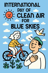International Day of Clean Air for Blue Skies Poster: Colorful illustration of the International Day of Clean Air for Blue Skies with a smiling sun, a person riding a bicycle, and a bird flying