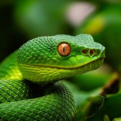 Fototapeta premium Intense close up of a green viper with fiery orange eyes in lush foliage