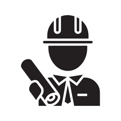 Architect or engineer icon. Vector silhouette of a construction worker with hard hat and blueprint.
