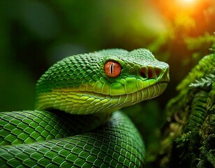 Fototapeta premium Intense close up of a green viper with fiery orange eyes in lush foliage