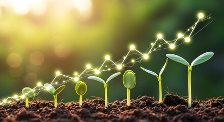 Seedlings Growing with Graph Overlay Symbolizing Business Growth and Investment Progress Under Bright Sunlight Representing Successful Future
