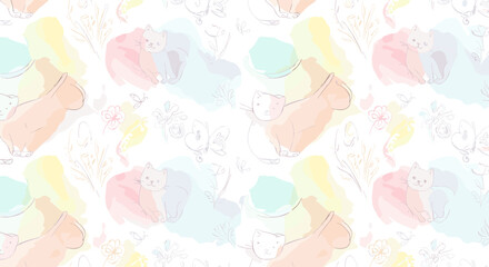 Pastel watercolor cats seamless pattern with floral and butterfly motifs, gentle and whimsical design, perfect for backgrounds