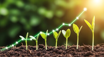 Seedlings in soil with an upward trend line symbolizing growth and success in business or personal development
