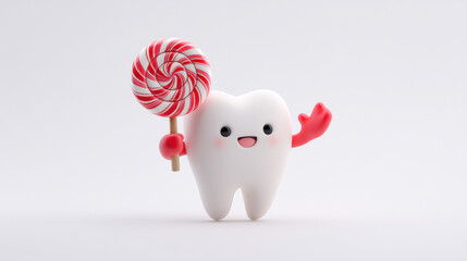 Avoiding Candy, A minimalist illustration of a cheerful tooth character putting up a hand to politely refuse a piece of candy. Clean background. 3d illustration.