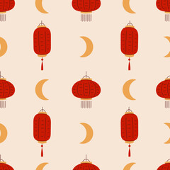 Traditional Red Chinese Lantern Seamless Pattern. Festive Oriental Background with crescent moon and paper light equipment. Celebratory decorative design. Repeat vector illustration