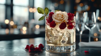 Romantic Cocktail with Rose and Raspberries.