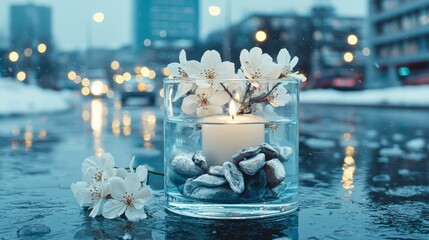 Tranquil Cityscape Candlelight and Blossoms in the Rain.