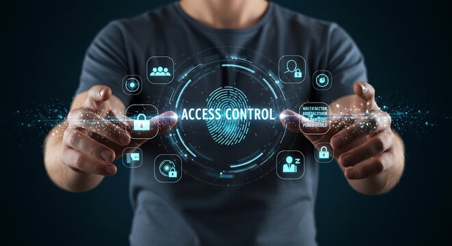 Man's Hands Holding a Glowing Holographic Interface for Biometric Access Control