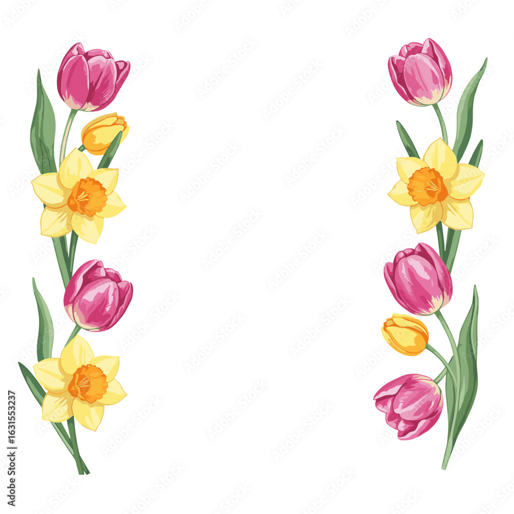 Poster elegant floral frame with blooming pink tulips and yellow daffodils creating a spring border design 