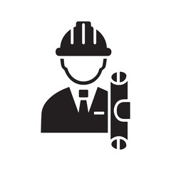 Architect or engineer icon. Vector silhouette of a construction worker with hard hat and blueprint.
