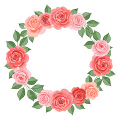 Elegant floral wreath featuring peach, pink, and coral roses with lush green leaves, creating a romantic design element for invitations and decorations