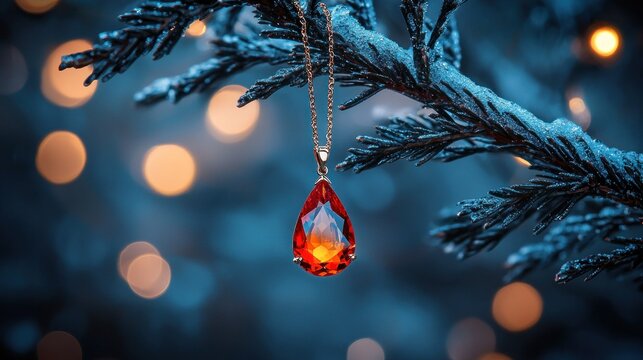 A teardrop-shaped, vibrant red gemstone pendant hangs from a delicate gold chain on a snowy evergreen branch.  Warm, festive, blurred lights create a winter wonderland background