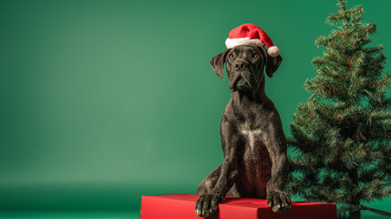 Big dog with gifts on green background