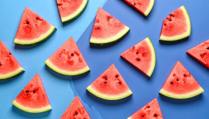 Juicy watermelon slices arranged on vibrant blue background with summer refreshment.