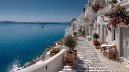 Breathtaking panoramic view of a beautiful white village with flowers descending towards the deep blue Aegean Sea in Santorini