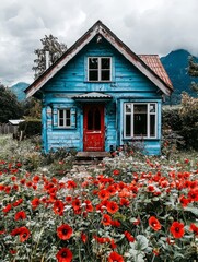 Rustic Blue House with Red Poppies