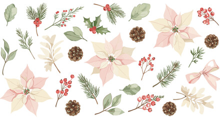 Watercolor winter floral elements arrangement with poinsettias, pinecones, berries, and leaves for festive designs