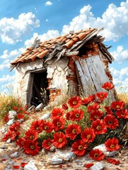 Ruined Stone Hut with Red Poppies