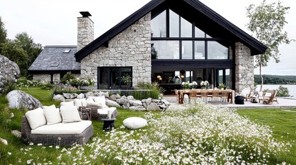 Modern Stone House with Lakeside View and Blooming Meadow.