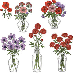 Obraz premium Collection of floral arrangements in glass vases featuring various flower types and colors on a clean white background
