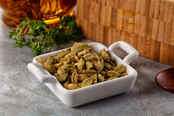 Green dry cardamom heap spices aroma