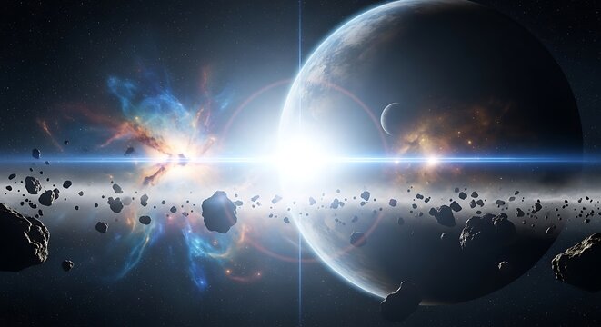 Spectacular cosmic scene with planet asteroids nebula and bright light source creating a majestic and awe inspiring view of deep space exploration